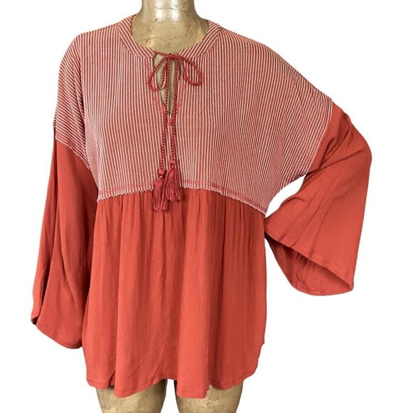Gigio Long Bell Sleeve BOHO Tassle Tie Tunic Top Sz S Rust #312J - Picture 1 of 9